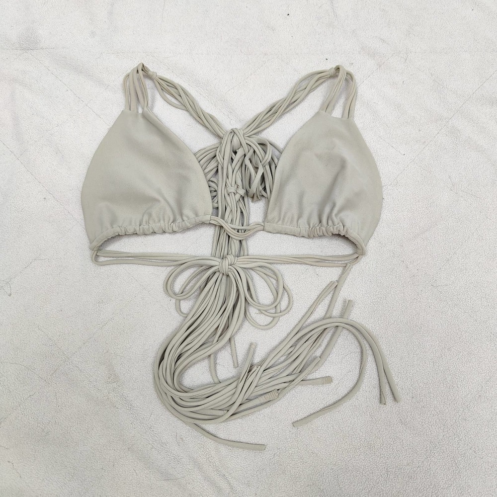 Mikoh Bikini Top Womens Medium Taupe Long Braided Fringe Strappy Halter Swim